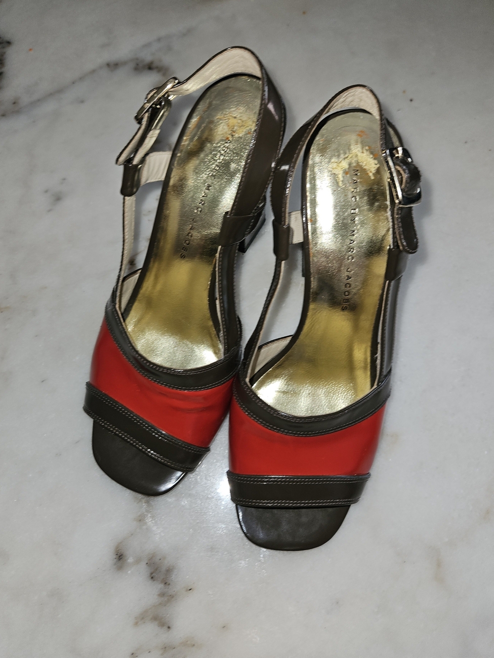 Marc by Marc Jacobs Red and Brown Open-Toe Slingback Heels with Gold Insole